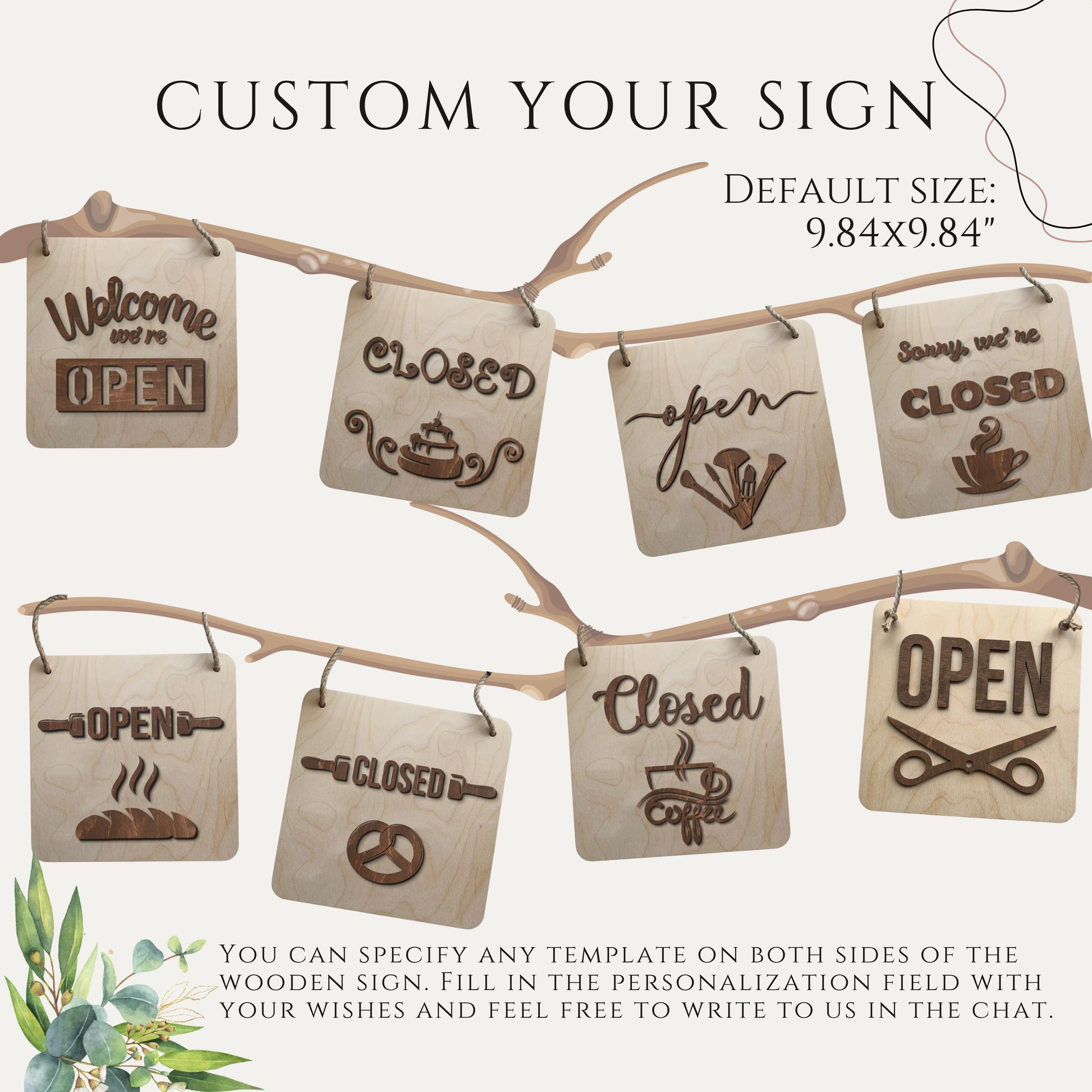 Double Sided Door Signs, Wooden Open Closed Sign & Boutique Business Logo Sign