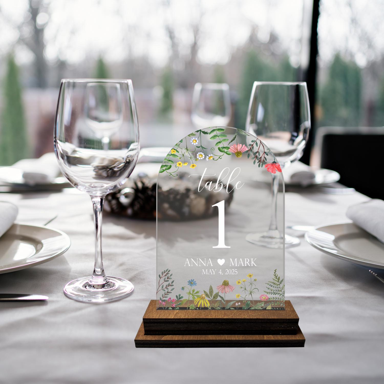 Wildflower bridal numbers set, wedding table number, table number set, clear table number, wedding table decor, arch floral table number