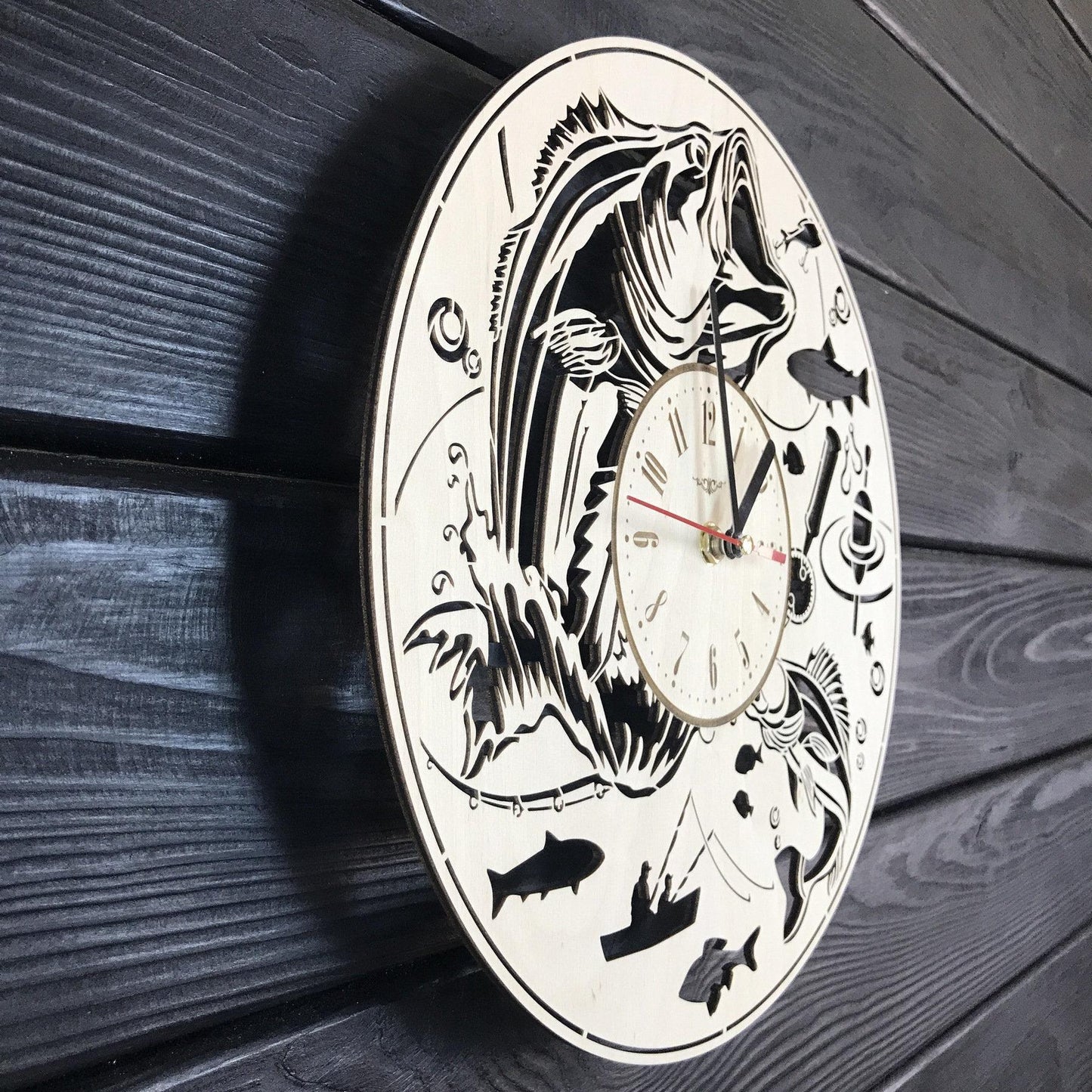 Fishing Wall Clock Wood Gift For Men Fisherman Gift 5th Anniversary Personalized Fishing Poster Wood Hanging Custom Fishing Wood Cutout