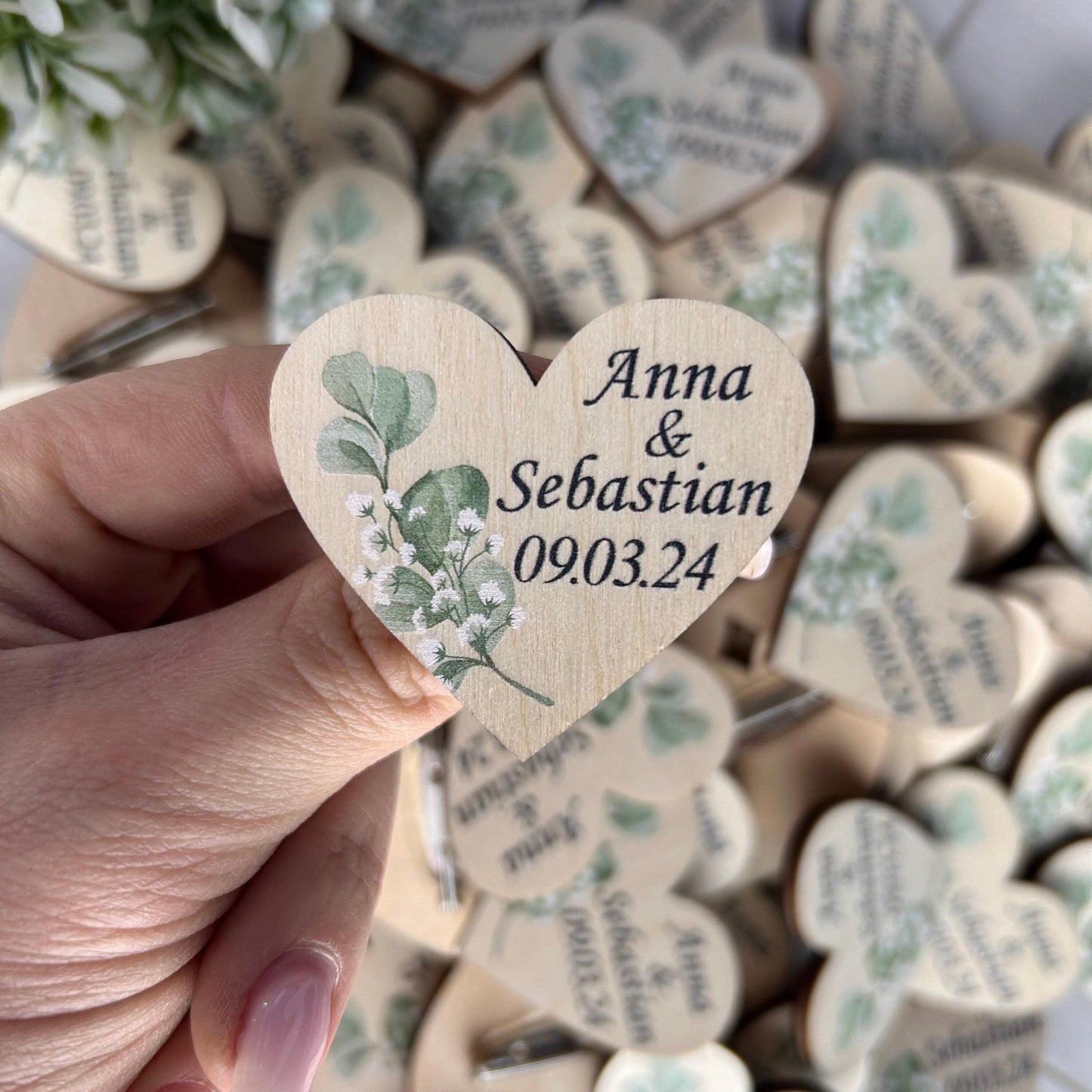 Wedding heart shaped wooden boutonnieres set, eucalyptus wedding, green rustic boutonnieres, engraved wood pins, wedding guest tag