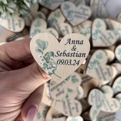 Wedding heart shaped wooden boutonnieres set, eucalyptus wedding, green rustic boutonnieres, engraved wood pins, wedding guest tag
