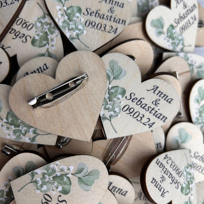 Wedding heart shaped wooden boutonnieres set, eucalyptus wedding, green rustic boutonnieres, engraved wood pins, wedding guest tag