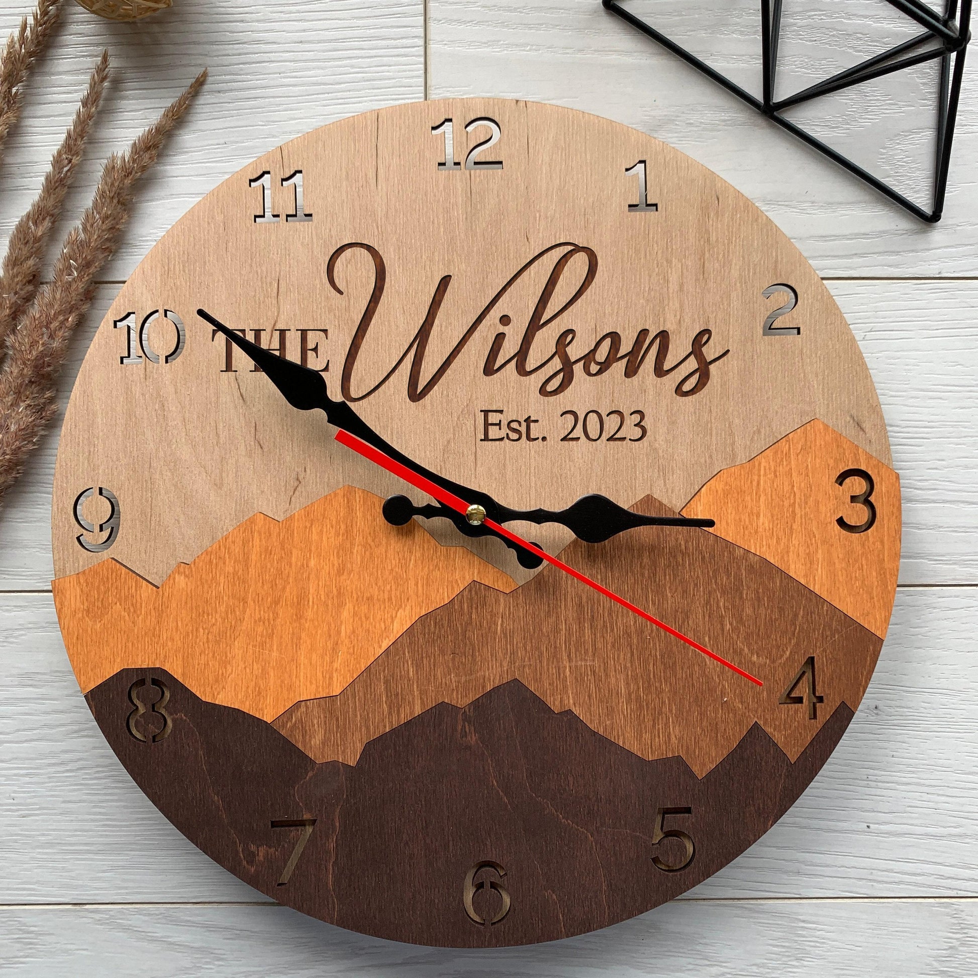 Personalized Family Name Sign, Mountain Wall Clock & 5th Anniversary Gift