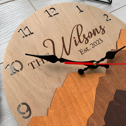Personalized family name clock, anniversary clock, home gift for couple, mountain wall clock, wall clock decor, 5th anniversary gift