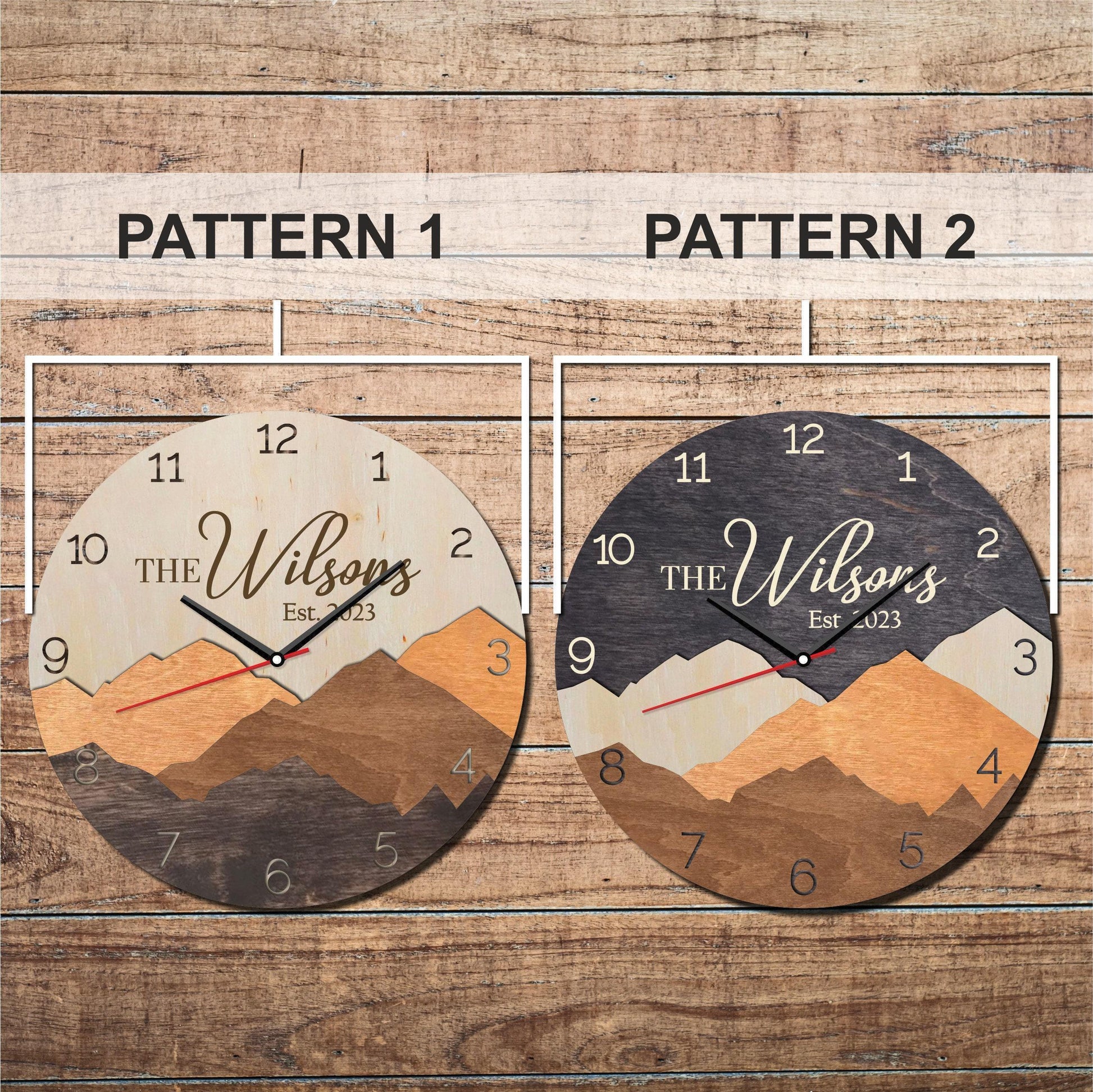 Personalized family name clock, anniversary clock, home gift for couple, mountain wall clock, wall clock decor, 5th anniversary gift