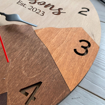 Personalized family name clock, anniversary clock, home gift for couple, mountain wall clock, wall clock decor, 5th anniversary gift