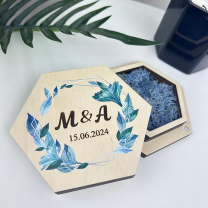 Custom wedding ring holder, ring bearer ring box, hexagon ring holder, double slot ring box, ceremony ring holder, ring box with names