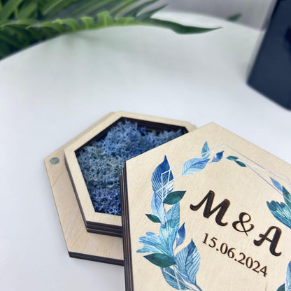 Custom wedding ring holder, ring bearer ring box, hexagon ring holder, double slot ring box, ceremony ring holder, ring box with names