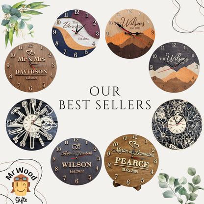 5th Anniversary Gift for Couple, Personalized Wall Clock & Family Name Sign