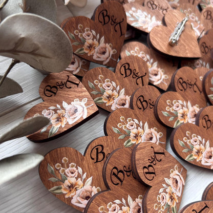 Rustic autumn wedding guests boutonnieres, wooden heart name badges, personalized name lapel pins in bulk, rust orange flowers brooch