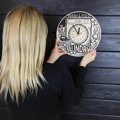 Laundry Room Wall Clock Hanging Laundry Wall Art Wood Decod for Laundry Room Personalized Sign for Wall Poster Laundry Room Gift Ideas