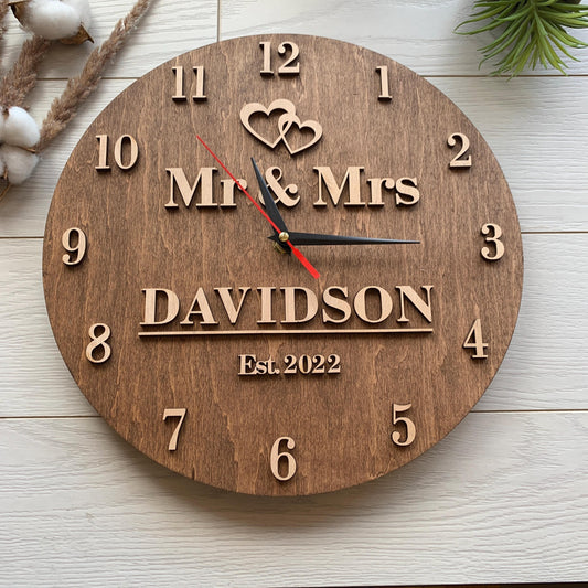Personalized 5th Anniversary Clock, Wood Housewarming Gift, Family Name Sign, Gift for Him Her