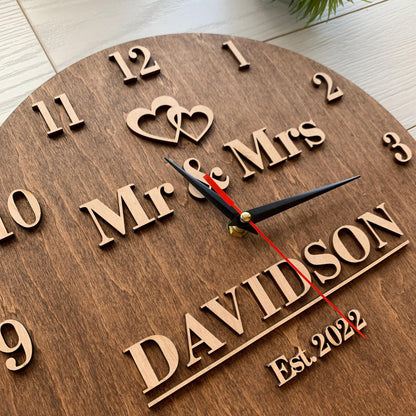 Personalized 5th Anniversary Clock, Wood Housewarming Gift, Family Name Sign, Gift for Him Her
