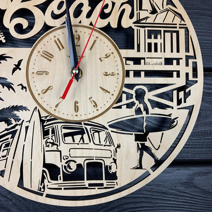 Surfing Beach Wall Clock Wood Gift Surfing Lovers Best Gift 5th Anniversary Personalize Surfing Poster Wood Hanging Custom Surfing Cutout