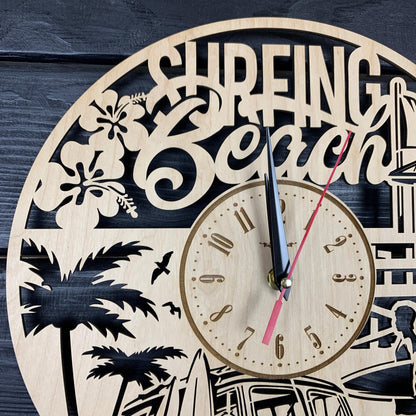 Surfing Beach Wall Clock Wood Gift Surfing Lovers Best Gift 5th Anniversary Personalize Surfing Poster Wood Hanging Custom Surfing Cutout