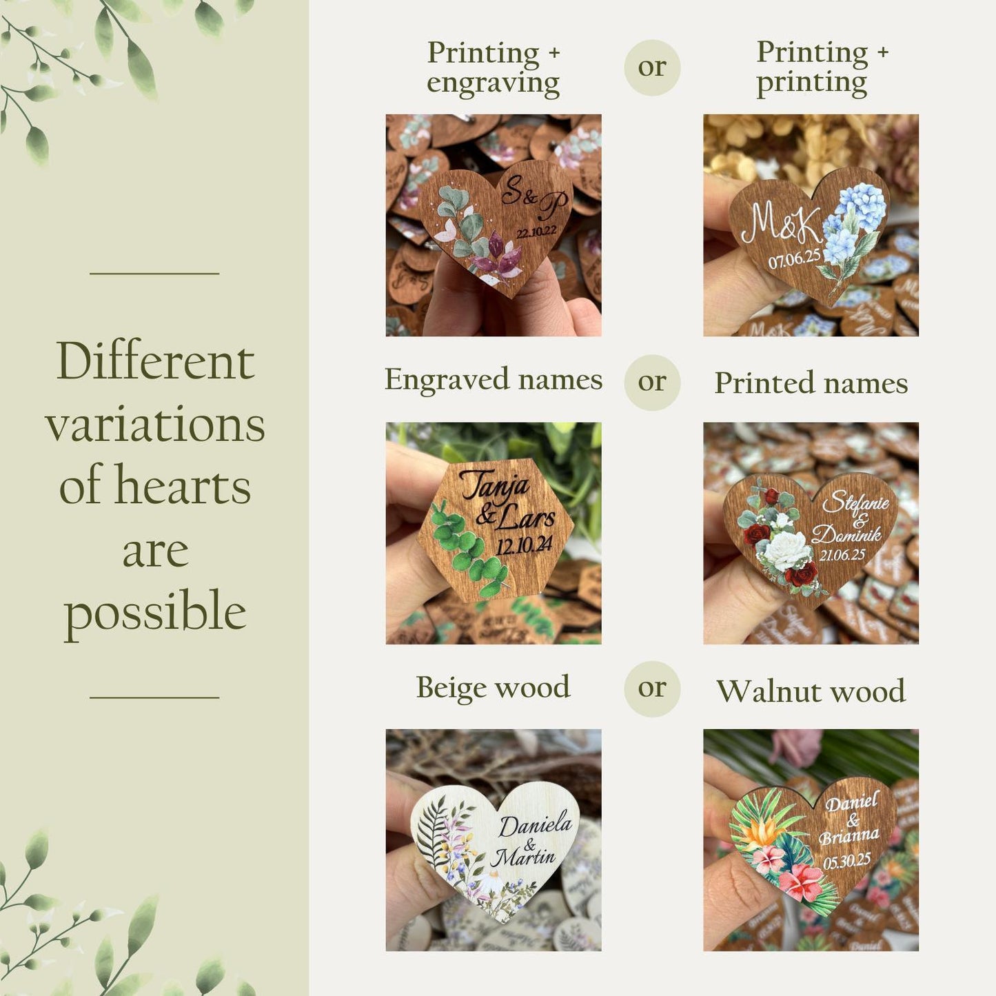 Custom wooden name hearts, personalized wedding boutonnieres, wedding guest favors
