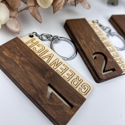 Engraved wood key, room number tag, custom logo keychain, numbers keyrings, custom hotel key tag, hotel room keychain, personalized key tag