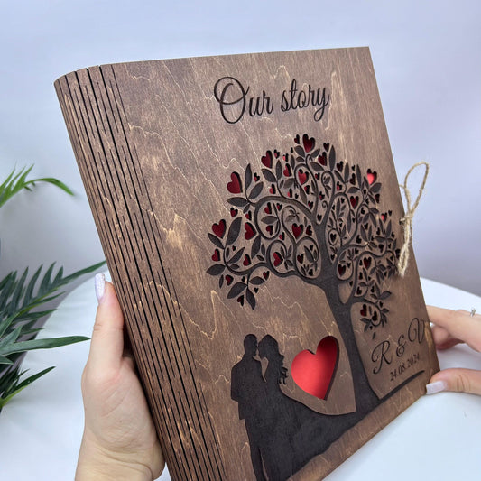 Love story wooden album, wedding photo album, gift for couple, engagement journal