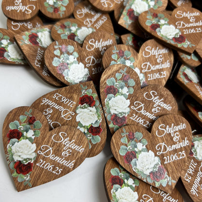 Engraved Wooden Heart Boutonnieres, Burgundy Floral Wedding Favors