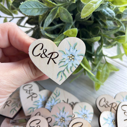 Green flower boutonniere, heart shaped pins, guests boutonnieres, green flower pins, custom wedding guest favors, boho personalized pins