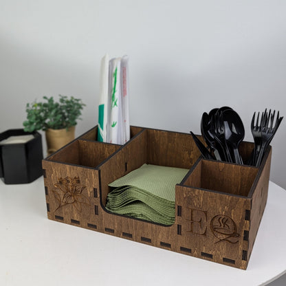 Coffee Station Organizer, Wood Napkin Holder, Custom Logo Gift, Countertop Storage