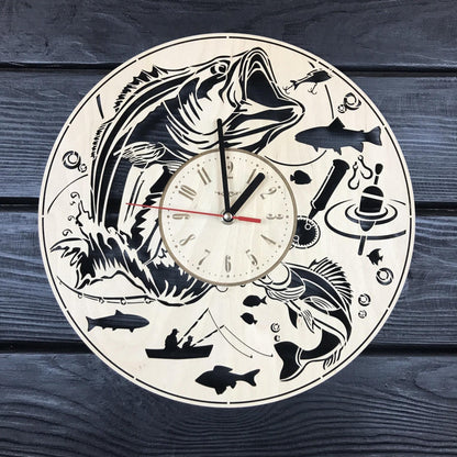 Fishing Wall Clock Wood Gift For Men Fisherman Gift 5th Anniversary Personalized Fishing Poster Wood Hanging Custom Fishing Wood Cutout
