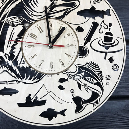 Fishing Wall Clock Wood Gift For Men Fisherman Gift 5th Anniversary Personalized Fishing Poster Wood Hanging Custom Fishing Wood Cutout