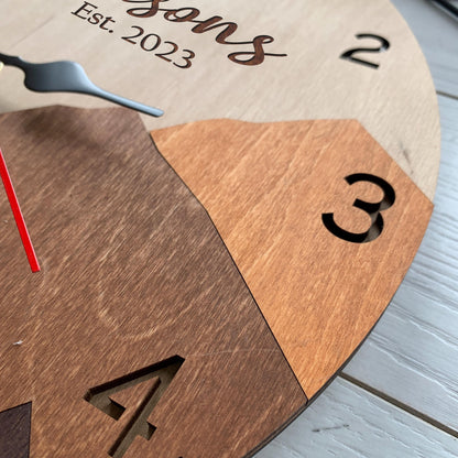 Personalized Family Name Sign, Mountain Wall Clock & 5th Anniversary Gift