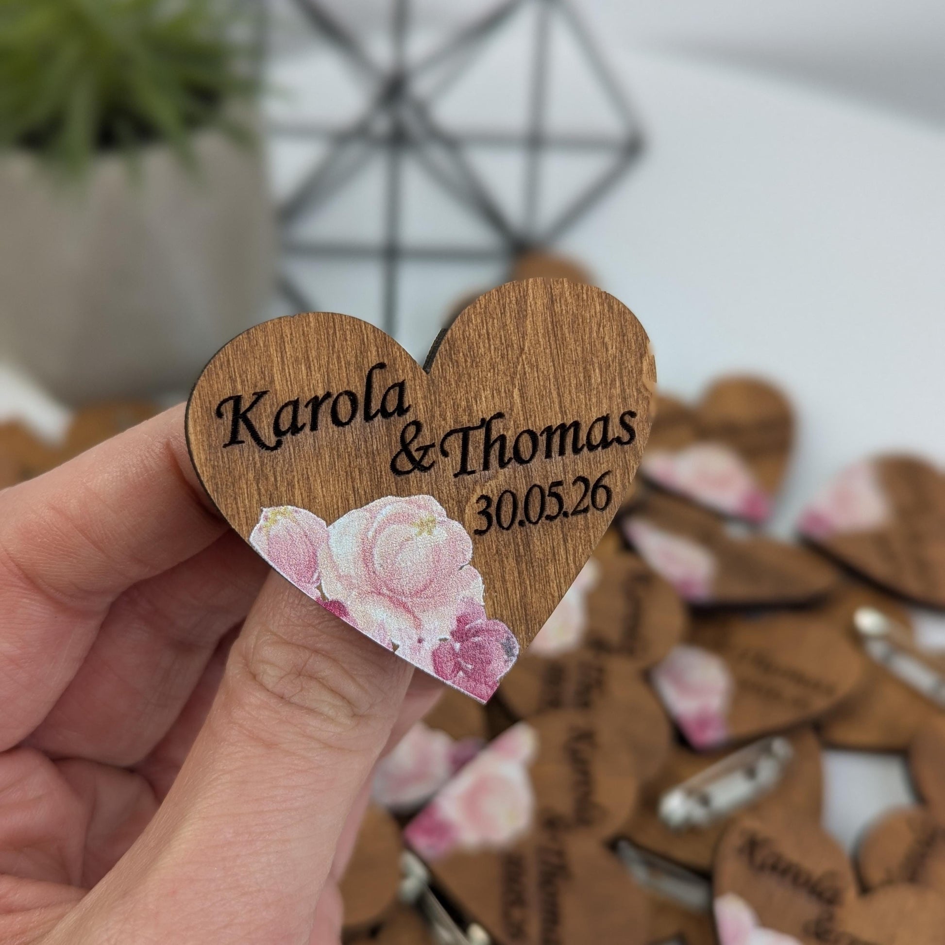Peony Lapel Pin & Floral Wedding Favors: Custom Name Badge, Wooden Heart Brooch, Guest Gift Bulk