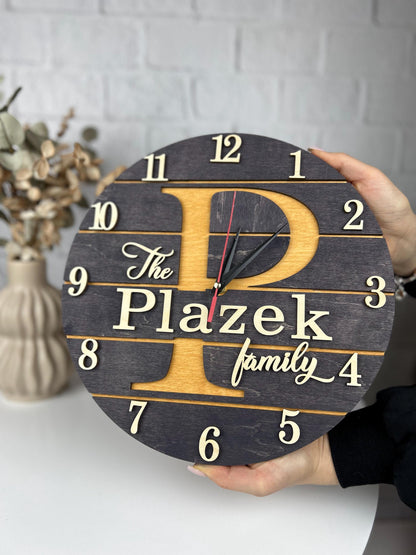 Personalized 3D wooden clock, family name clock, 1st anniversary gift, сlock for couple, personalized wedding gift, home gift for family