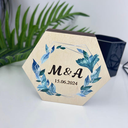 Custom wedding ring holder, ring bearer ring box, hexagon ring holder, double slot ring box, ceremony ring holder, ring box with names