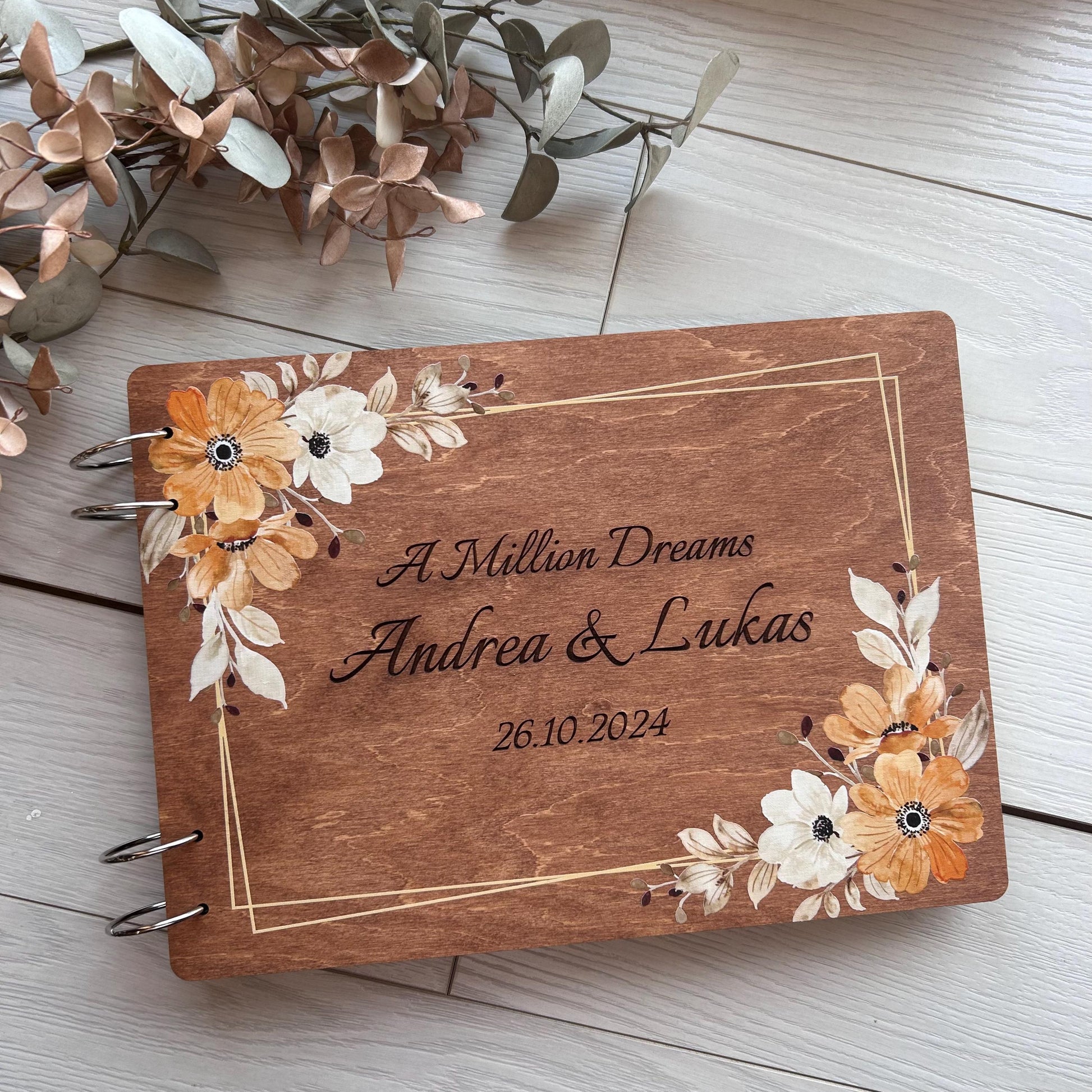 Custom autumn wedding book, wedding organizer, rust orange flowers, burnt orange book, minimalist fall flower wood book, wedding decor
