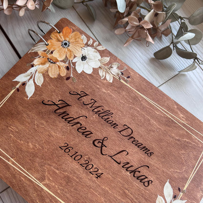 Custom autumn wedding book, wedding organizer, rust orange flowers, burnt orange book, minimalist fall flower wood book, wedding decor