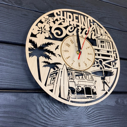 Surfing Beach Wall Clock Wood Gift Surfing Lovers Best Gift 5th Anniversary Personalize Surfing Poster Wood Hanging Custom Surfing Cutout