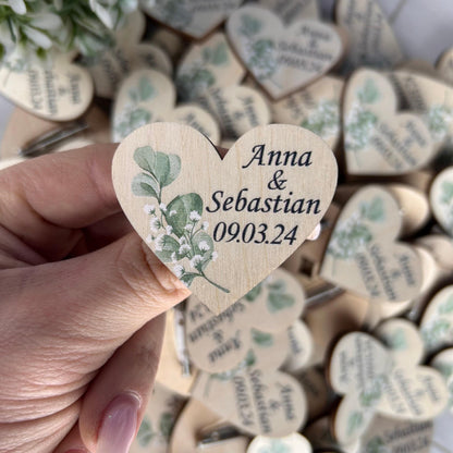 Wedding favors for guest, custom wedding pins, wooden heart boutonniere
