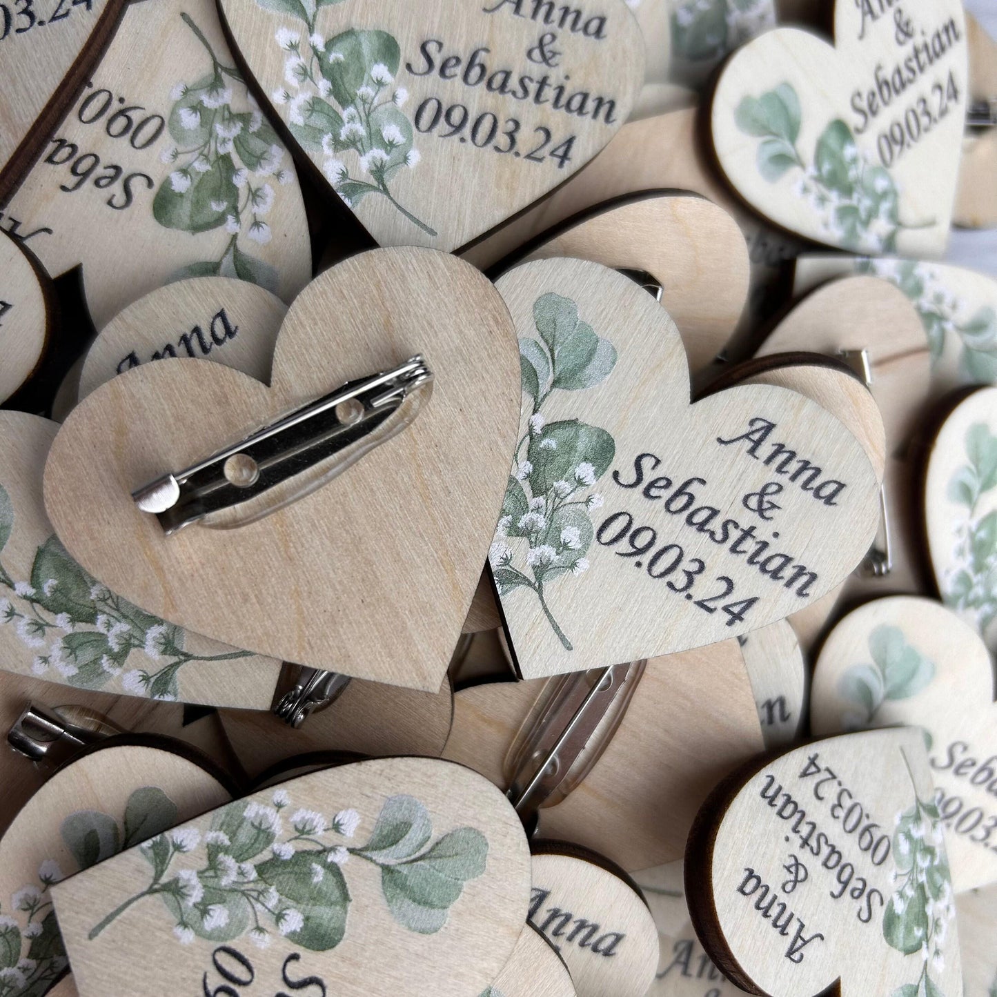 Wedding favors for guest, custom wedding pins, wooden heart boutonniere