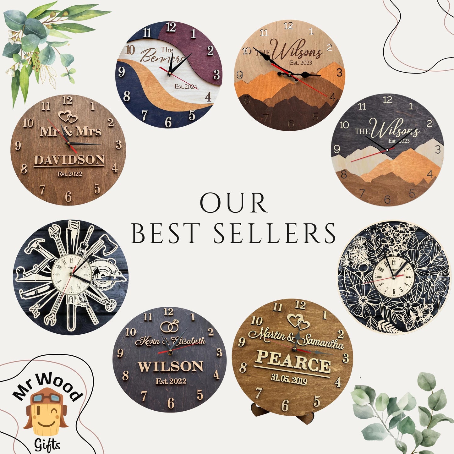 Family Name Clock, Personalized Wood Wall Clock & Wildflower Decor