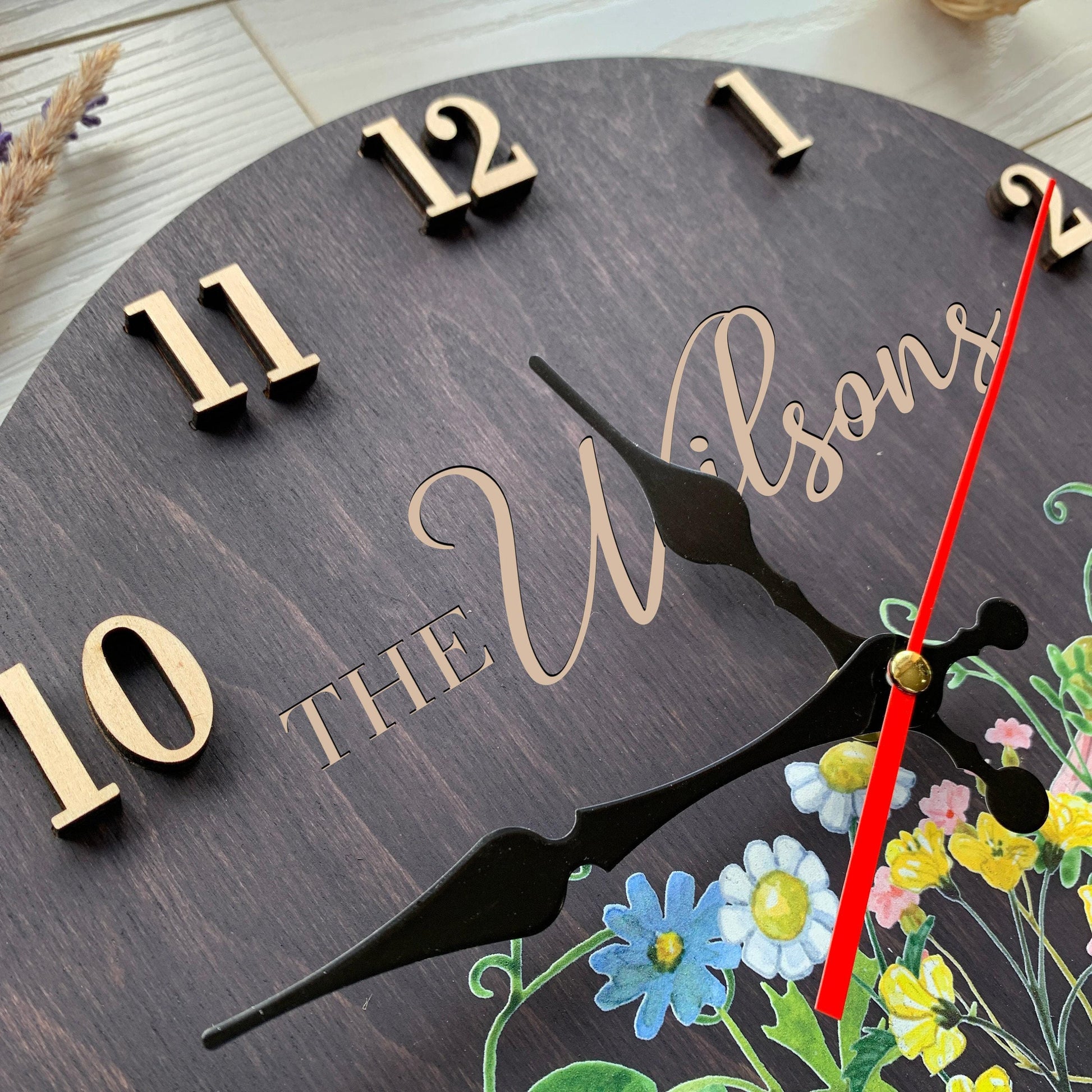 Family Name Clock, Personalized Wood Wall Clock & Wildflower Decor