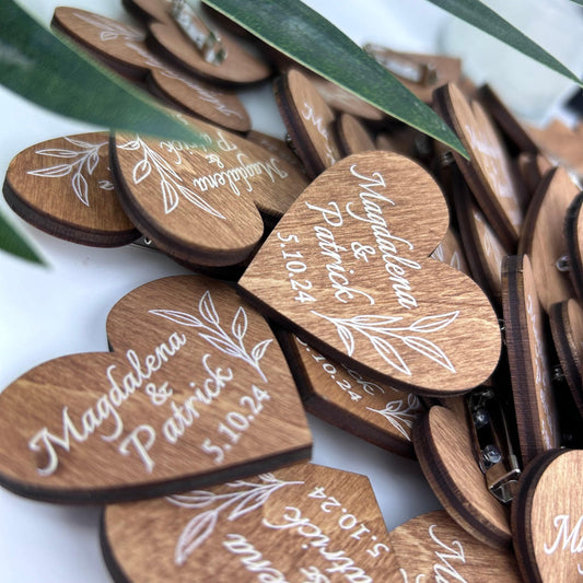 Engraved Wedding Favors Bulk, Custom Lapel Pin, Minimalist Name Tag, Wooden Heart Brooch