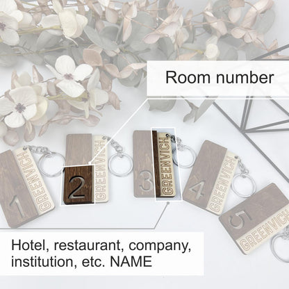 Engraved wood key, room number tag, custom logo keychain, numbers keyrings, custom hotel key tag, hotel room keychain, personalized key tag