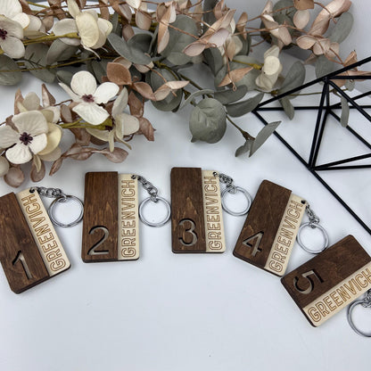 Engraved wood key, room number tag, custom logo keychain, numbers keyrings, custom hotel key tag, hotel room keychain, personalized key tag