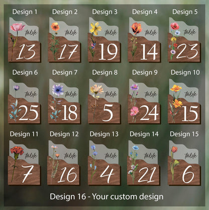 Modern wedding table numbers, wood table number set, wedding table decor, wildflower numbers set, clear table number, table decorations
