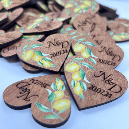 Yellow wedding boutonnieres, custom wedding pins, personalized wooden boutonnieres, heart shaped tags, engraved name pin, custom initial tag
