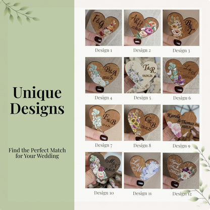 Sunflower Heart Pins – Wedding Date Hearts, Engraved Wooden Name Tags, Heart Shaped Rustic Wedding Pins