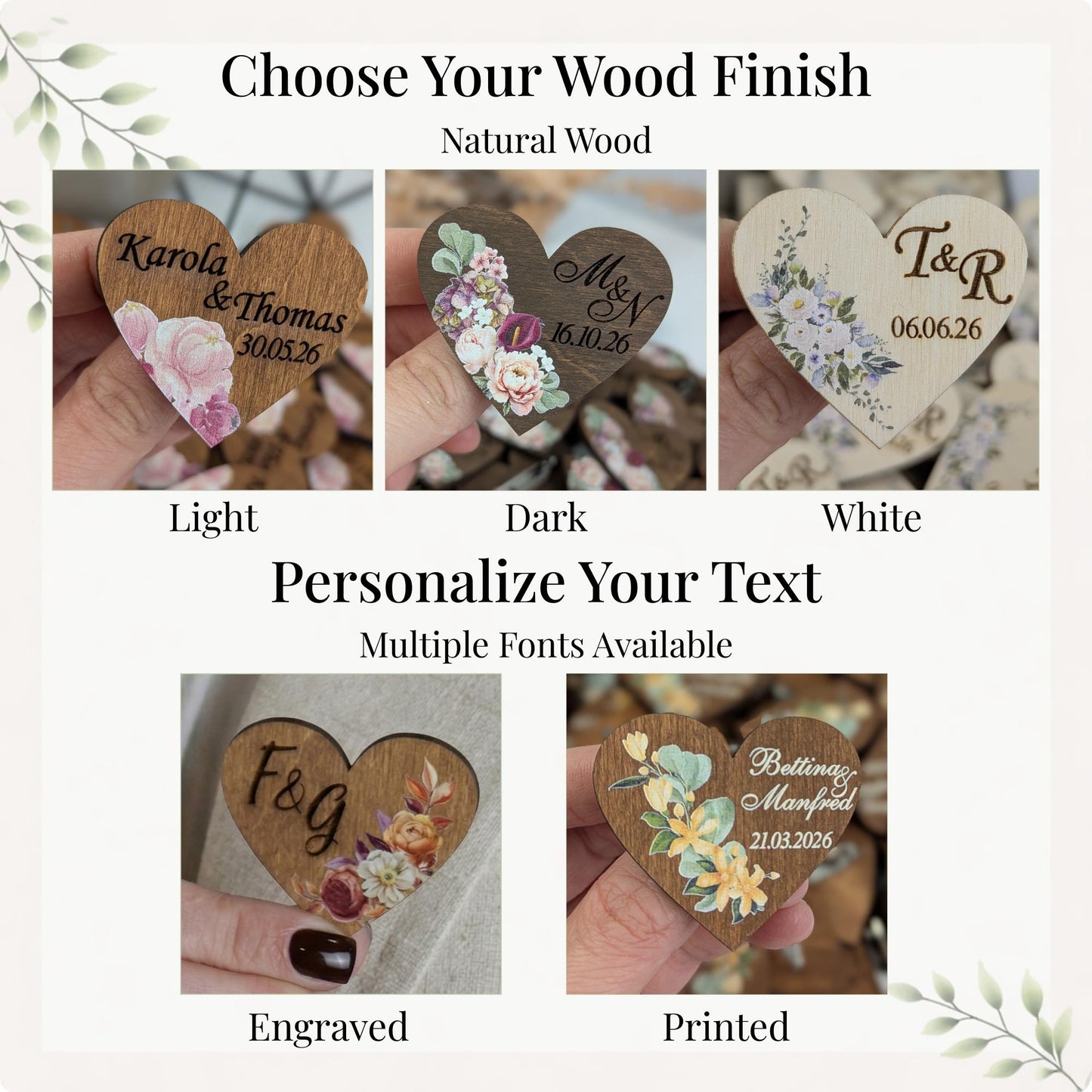Sunflower Heart Pins – Wedding Date Hearts, Engraved Wooden Name Tags, Heart Shaped Rustic Wedding Pins