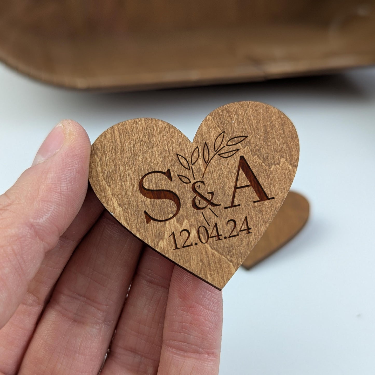 Wedding Decorations Set, 3 Piece Wooden Decor, Card Box Guest Book and Personalized Boutonnieres with Branch Design
