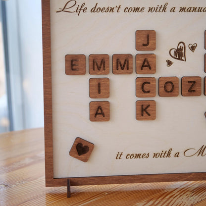 Family Crossword Art, Wood Engraved Sign, Personalized Family Crossword Sign, Wooden Gift for Mom