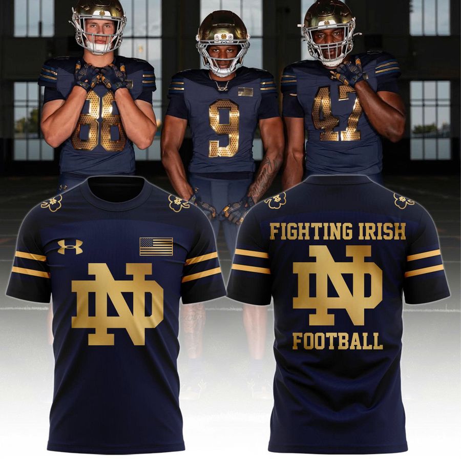 Notre Dame Fighting Irish Football Tshirt- Navy Blue & Metallic Gold